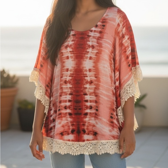 veronicam Tops - Boho Red Tie-Dye Bell Sleeved Tunic with Lace Accents